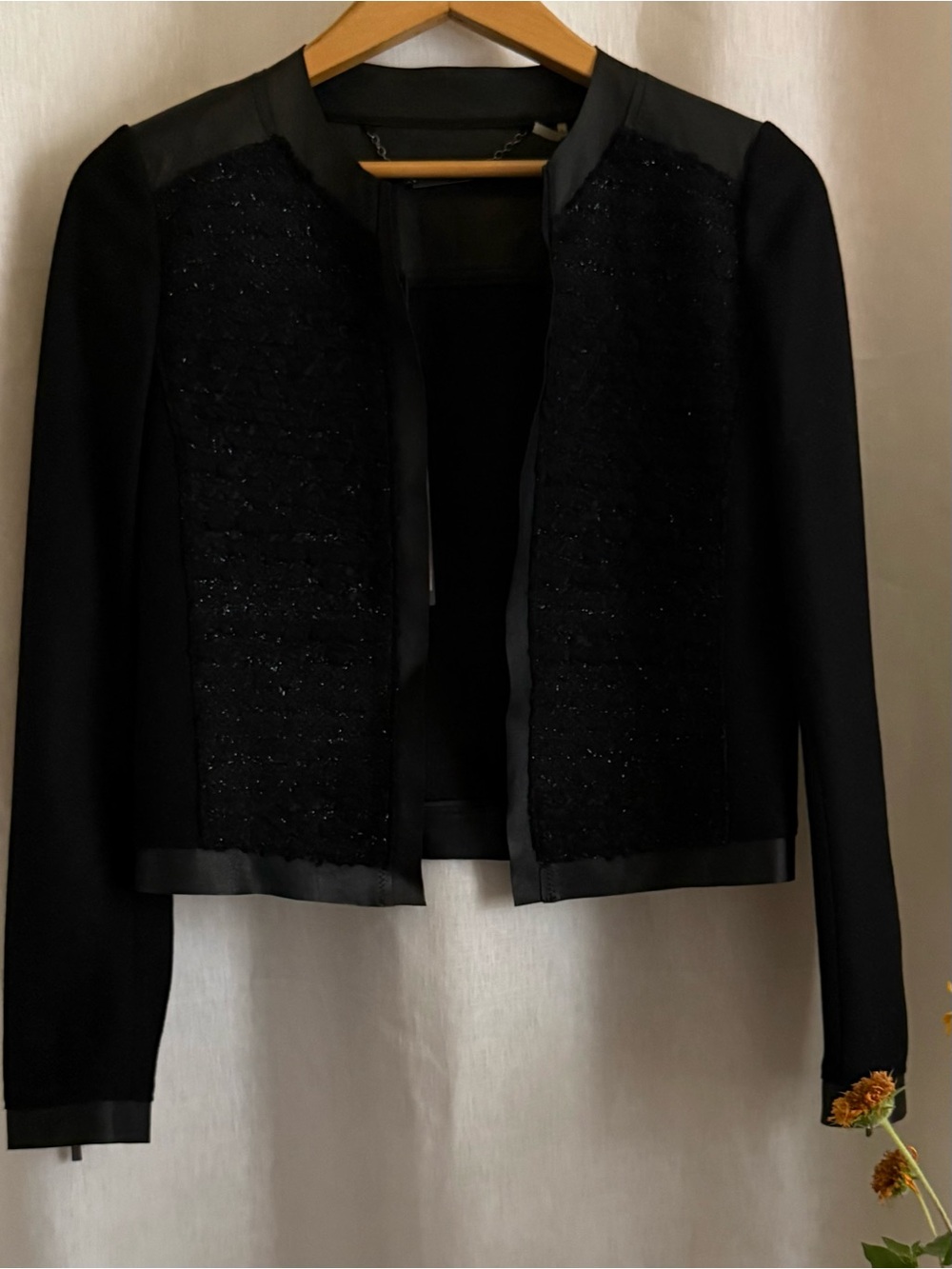 NWT Elie Tahari Pearson Jacket S Black Wool Lamb Leather Tweed Cropped